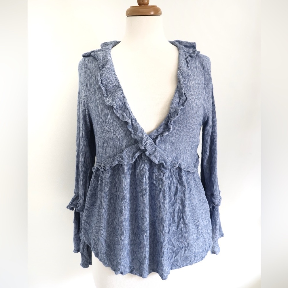Blue American Eagle Ruffle Top with Bell Sleeves